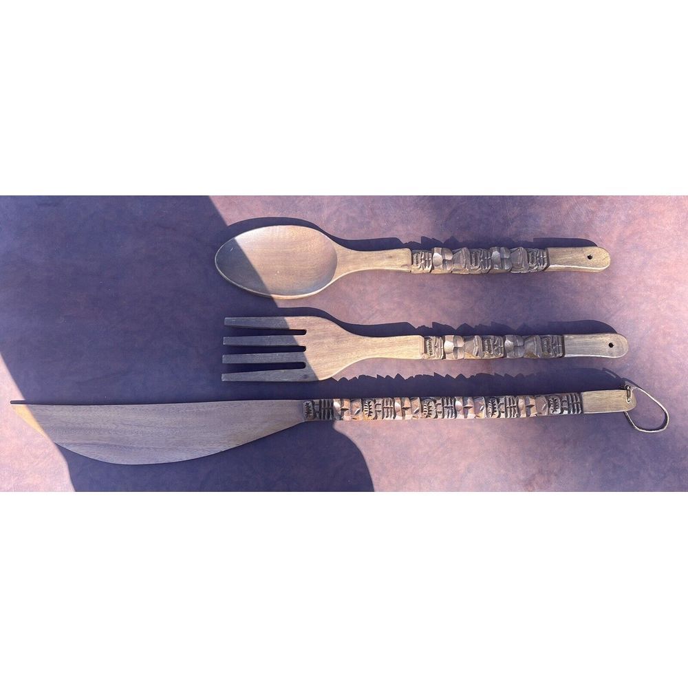 Vintage DeVille XL Hand Carved Wood Tiki Fork Spoon Knife Wall Decor